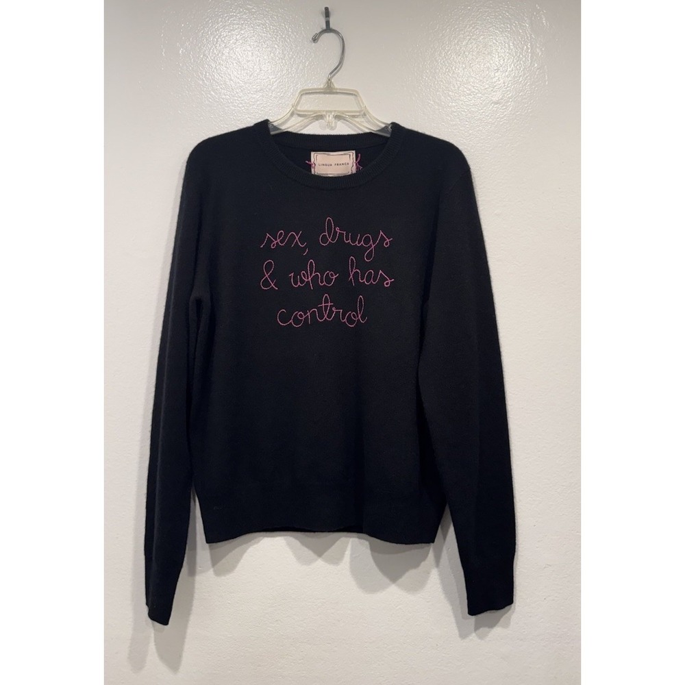 Lingua Franca Embroidered Cashmere Sweater Size Large Crew Neck Black Pink RARE